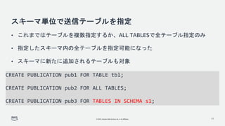 © 2022, Amazon Web Services, Inc. or its affiliates.
スキーマ単位で送信テーブルを指定
• これまではテーブルを複数指定するか、ALL TABLESで全テーブル指定のみ
• 指定したスキーマ内の全テーブルを指定可能になった
• スキーマに新たに追加されるテーブルも対象
17
CREATE PUBLICATION pub1 FOR TABLE tbl;
CREATE PUBLICATION pub2 FOR ALL TABLES;
CREATE PUBLICATION pub3 FOR TABLES IN SCHEMA s1;
 
