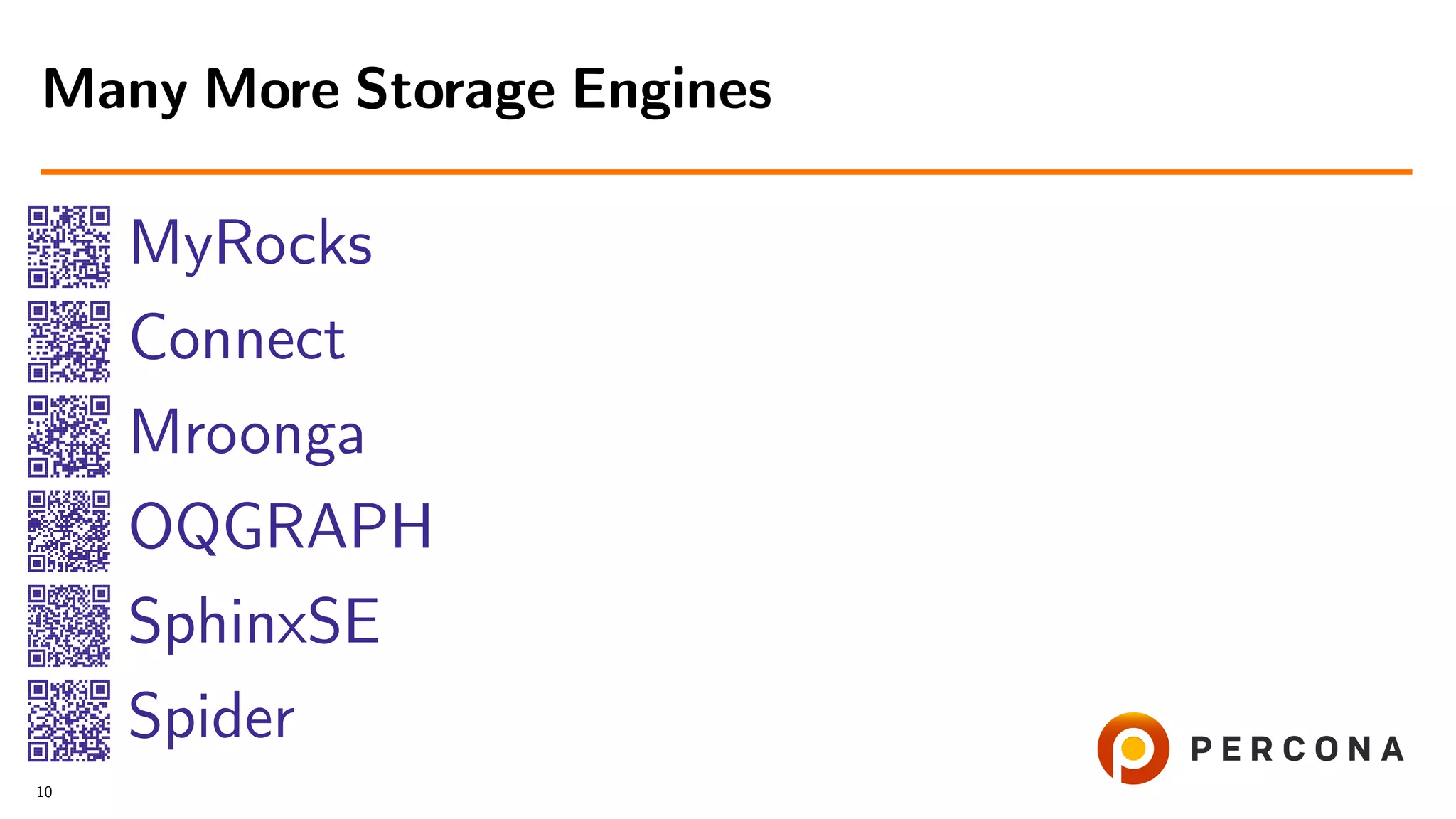 MyRocks Connect Mroonga OQGRAPH SphinxSE Spider Many More Storage Engines 10 