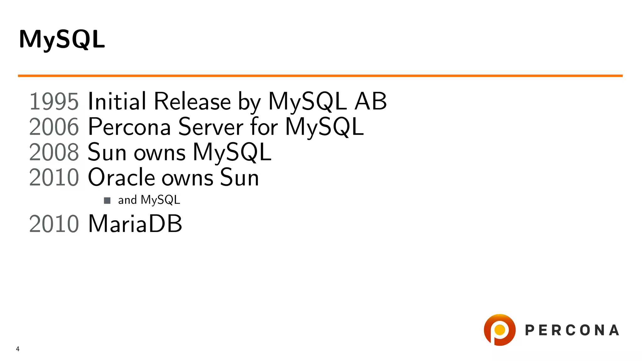 1995 Initial Release by MySQL AB 2006 Percona Server for MySQL 2008 Sun owns MySQL 2010 Oracle owns Sun and MySQL 2010 MariaDB MySQL 4 