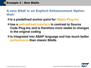 © SAP AG 2006, SAP TechEd ’06 / CD200 / 95
Example 3 – New BAdIs
A new BAdI is an Explicit Enhancement Option
that:
is a predefined anchor point for Object Plug-Ins
has a well-defined interface in contrast to Source
Code Plug-Ins and is therefore more stable to changes
in the original coding
is integrated into ABAP language and has much better
performance than classic BAdIs
 