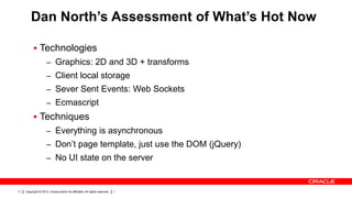 Copyright © 2013, Oracle and/or its affiliates. All rights reserved. I11
Dan North’s Assessment of What’s Hot Now
 Techno...