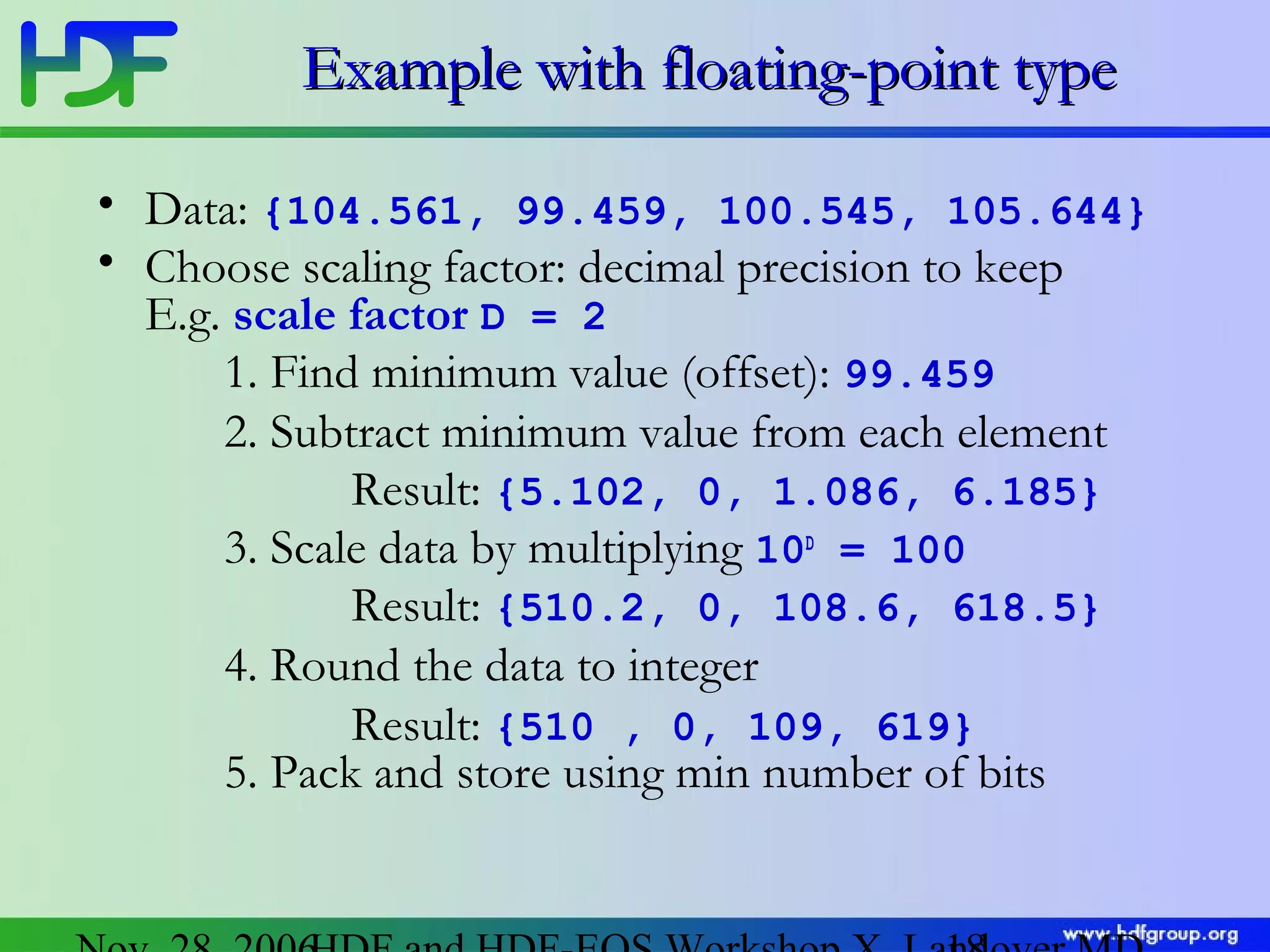 Example with floating-point type
• Data: {104.561, 99.459, 100.545, 105.644}
• Choose scaling factor: decimal precision to keep
E.g. scale factor D = 2
1. Find minimum value (offset): 99.459
2. Subtract minimum value from each element
Result: {5.102, 0, 1.086, 6.185}
3. Scale data by multiplying 10D = 100
Result: {510.2, 0, 108.6, 618.5}
4. Round the data to integer
Result: {510 , 0, 109, 619}
5. Pack and store using min number of bits

 