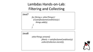 Lambdas Hands-on-Lab:
Filtering and Collecting
Java8
otherThings.stream()
.filter(s -> satisfiesSomeCondition(s))
.collect(Collectors.toList());
Java7
for (String s: otherThings) {
if (satisfiesSomeCondition(s)) {
things.add(s);
}
}
 