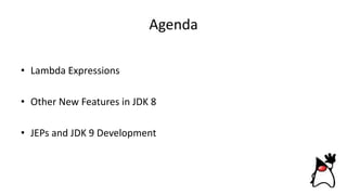 Agenda
• Lambda Expressions
• Other New Features in JDK 8
• JEPs and JDK 9 Development
 