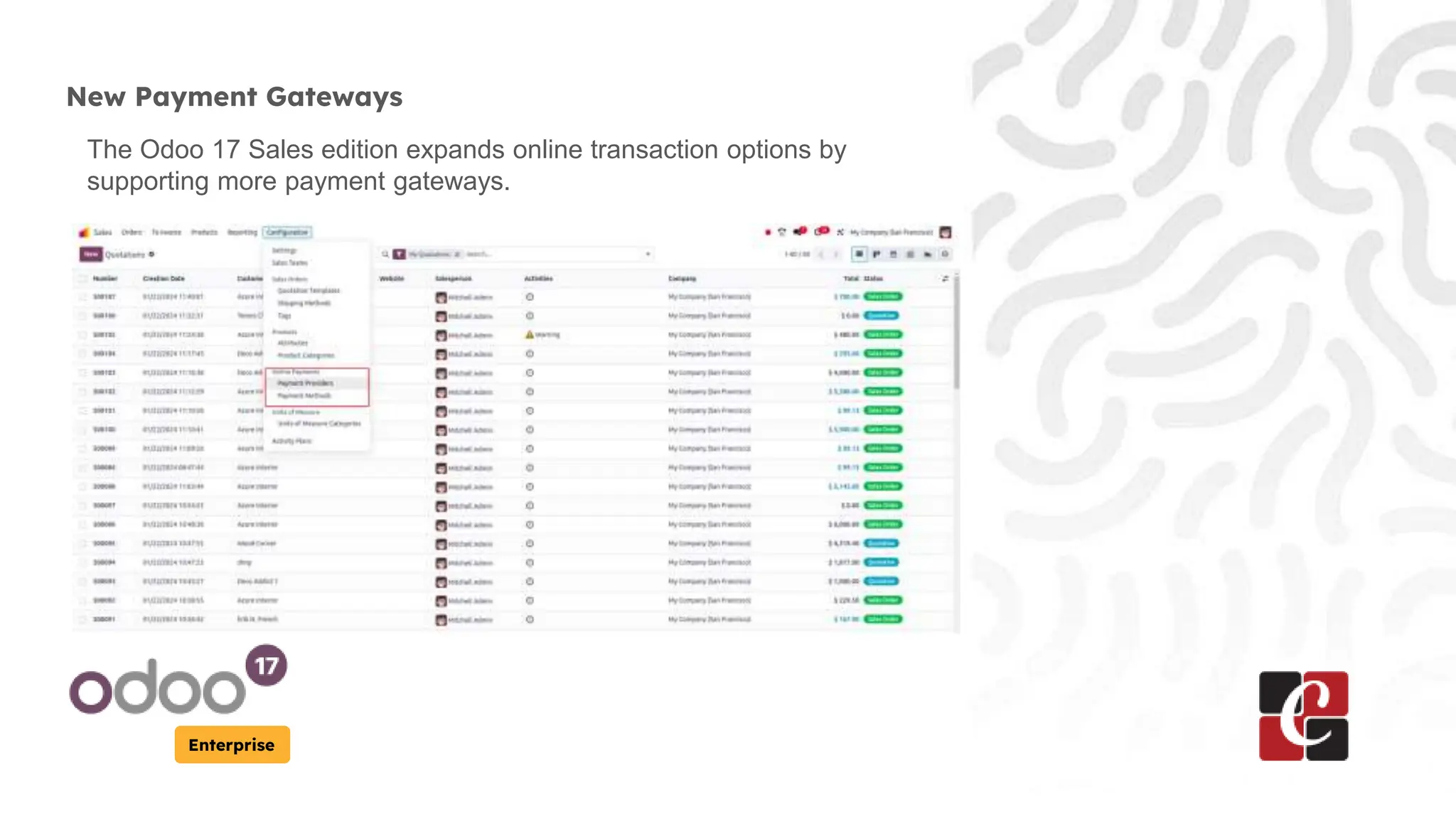 Enterprise
New Payment Gateways
The Odoo 17 Sales edition expands online transaction options by
supporting more payment gateways.