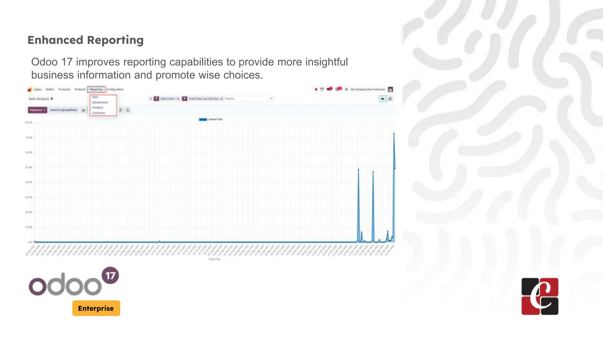 Enterprise
Enhanced Reporting
Odoo 17 improves reporting capabilities to provide more insightful
business information and promote wise choices.