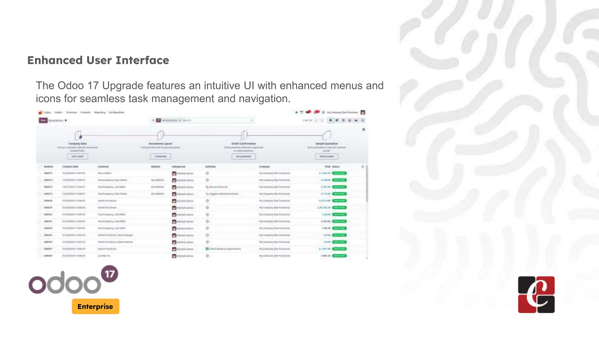 Enterprise
Enhanced User Interface
The Odoo 17 Upgrade features an intuitive UI with enhanced menus and
icons for seamless task management and navigation.