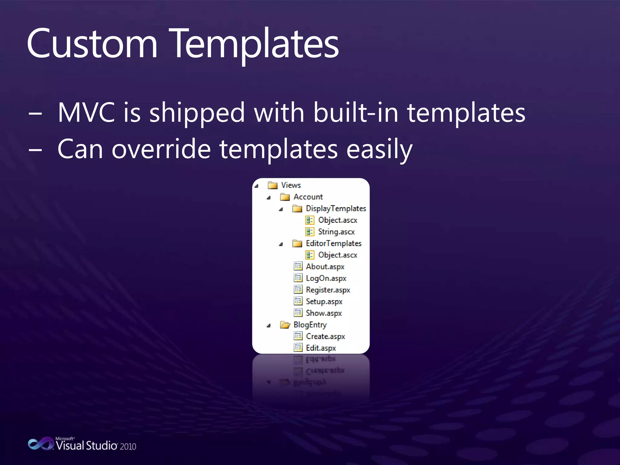 Custom TemplatesMVC is shipped with built-in templatesCan override templates easily