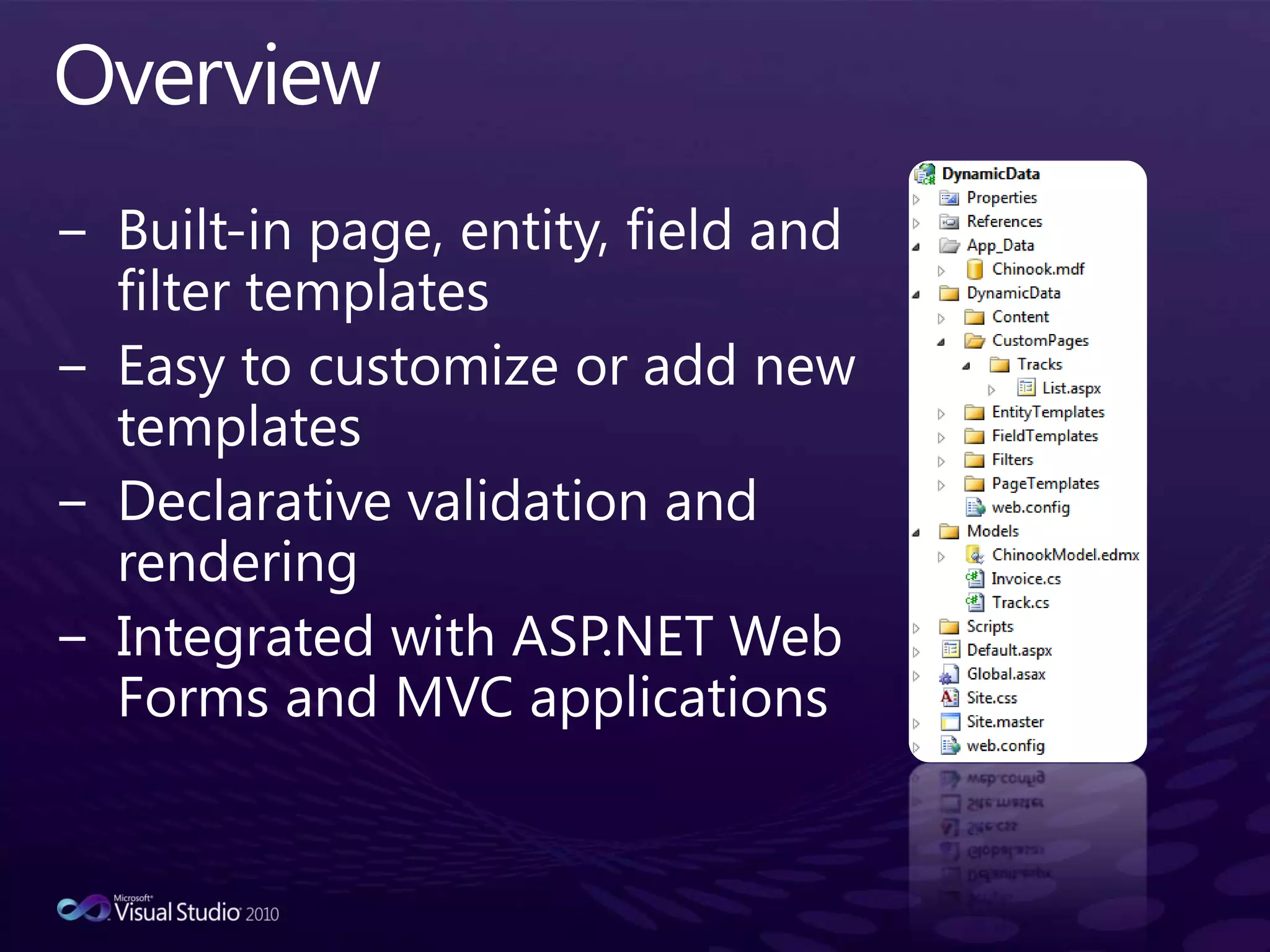 OverviewBuilt-in page, entity, field and filter templatesEasy to customize or add new templatesDeclarative validation and renderingIntegrated with ASP.NET Web Forms and MVC applications