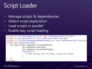 Script LoaderManage scripts & dependenciesDetect script duplicationLoad scripts in parallelEnable lazy script loadingMicrosoft Confidential24