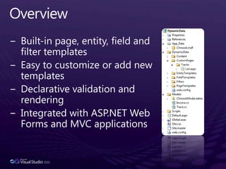 OverviewBuilt-in page, entity, field and filter templatesEasy to customize or add new templatesDeclarative validation and renderingIntegrated with ASP.NET Web Forms and MVC applications