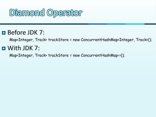 Diamond Operator
   Before JDK 7:
    Map<Integer, Track> trackStore = new ConcurrentHashMap<Integer, Track>();

   With JDK 7:
    Map<Integer, Track> trackStore = new ConcurrentHashMap<>();
 