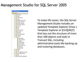 Management Studio for SQL Server 2005 To make life easier, the SQL Server Management Studio includes an updated Template Explorer (View | Template Explorer or [Ctrl][Alt]T) that lays out the structure of more than 100 objects and tasks in Transact SQL, including administrative tasks like backing up and restoring databases. 