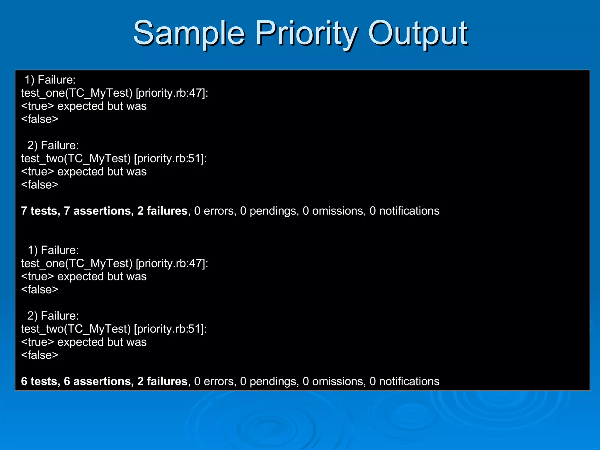 Sample Priority Output 1) Failure: test_one(TC_MyTest) [priority.rb:47]: <true> expected but was <false> 2) Failure: test_two(TC_MyTest) [priority.rb:51]: <true> expected but was <false> 7 tests, 7 assertions, 2 failures , 0 errors, 0 pendings, 0 omissions, 0 notifications 1) Failure: test_one(TC_MyTest) [priority.rb:47]: <true> expected but was <false> 2) Failure: test_two(TC_MyTest) [priority.rb:51]: <true> expected but was <false> 6 tests, 6 assertions, 2 failures , 0 errors, 0 pendings, 0 omissions, 0 notifications 