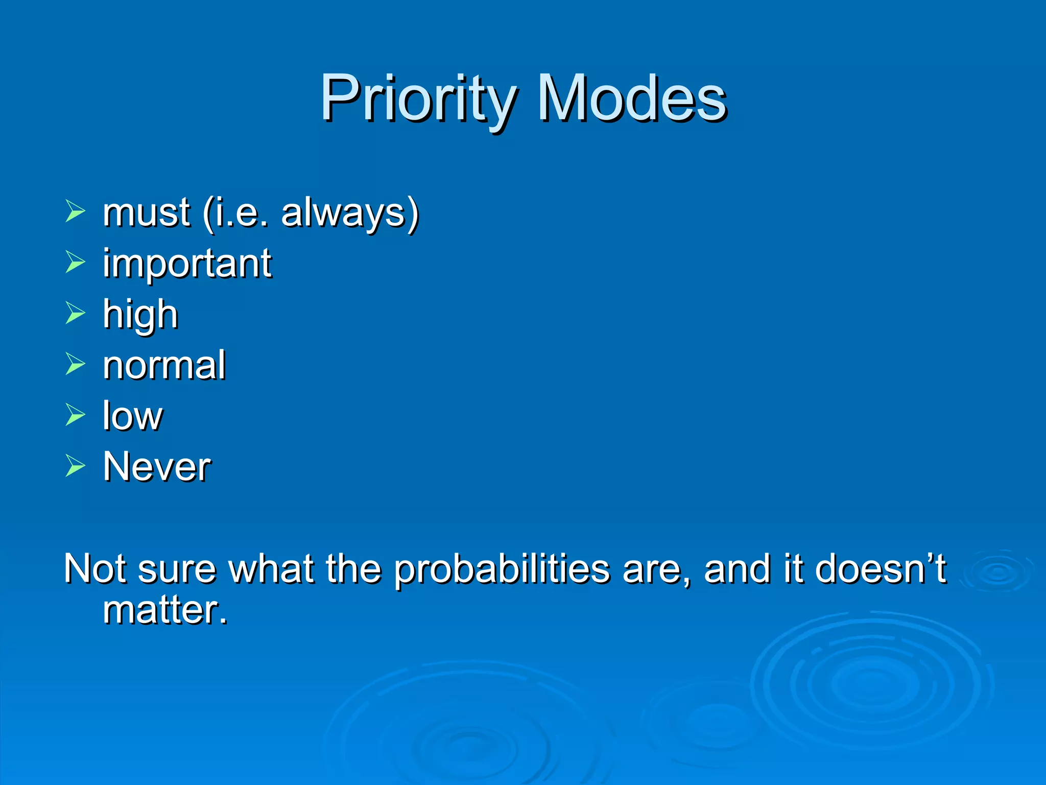 Priority Modes must (i.e. always) important high normal low Never Not sure what the probabilities are, and it doesn’t matter. 