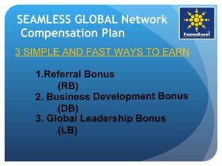 SEAMLESS GLOBAL Network  Compensation Plan ,[object Object],3. Global Leadership Bonus  (LB) 2.   Business Development Bonus  (DB) 3 SIMPLE AND FAST WAYS TO EARN 