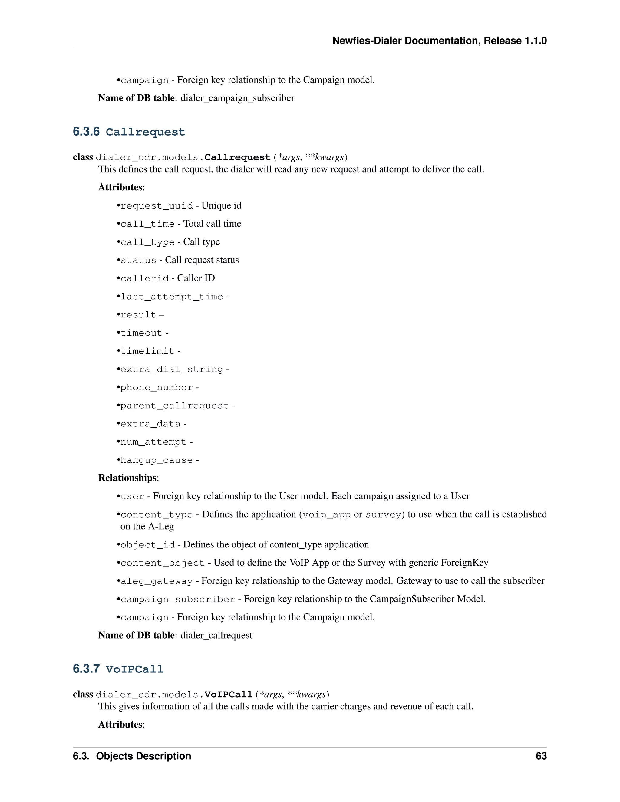 Newﬁes-Dialer Documentation, Release 1.1.0


           •campaign - Foreign key relationship to the Campaign model.
      Name of DB table: dialer_campaign_subscriber


6.3.6 Callrequest

class dialer_cdr.models.Callrequest(*args, **kwargs)
      This deﬁnes the call request, the dialer will read any new request and attempt to deliver the call.
      Attributes:
           •request_uuid - Unique id
           •call_time - Total call time
           •call_type - Call type
           •status - Call request status
           •callerid - Caller ID
           •last_attempt_time -
           •result –
           •timeout -
           •timelimit -
           •extra_dial_string -
           •phone_number -
           •parent_callrequest -
           •extra_data -
           •num_attempt -
           •hangup_cause -
      Relationships:
           •user - Foreign key relationship to the User model. Each campaign assigned to a User
           •content_type - Deﬁnes the application (voip_app or survey) to use when the call is established
            on the A-Leg
           •object_id - Deﬁnes the object of content_type application
           •content_object - Used to deﬁne the VoIP App or the Survey with generic ForeignKey
           •aleg_gateway - Foreign key relationship to the Gateway model. Gateway to use to call the subscriber
           •campaign_subscriber - Foreign key relationship to the CampaignSubscriber Model.
           •campaign - Foreign key relationship to the Campaign model.
      Name of DB table: dialer_callrequest


6.3.7 VoIPCall

class dialer_cdr.models.VoIPCall(*args, **kwargs)
      This gives information of all the calls made with the carrier charges and revenue of each call.
      Attributes:


6.3. Objects Description                                                                                    63
 