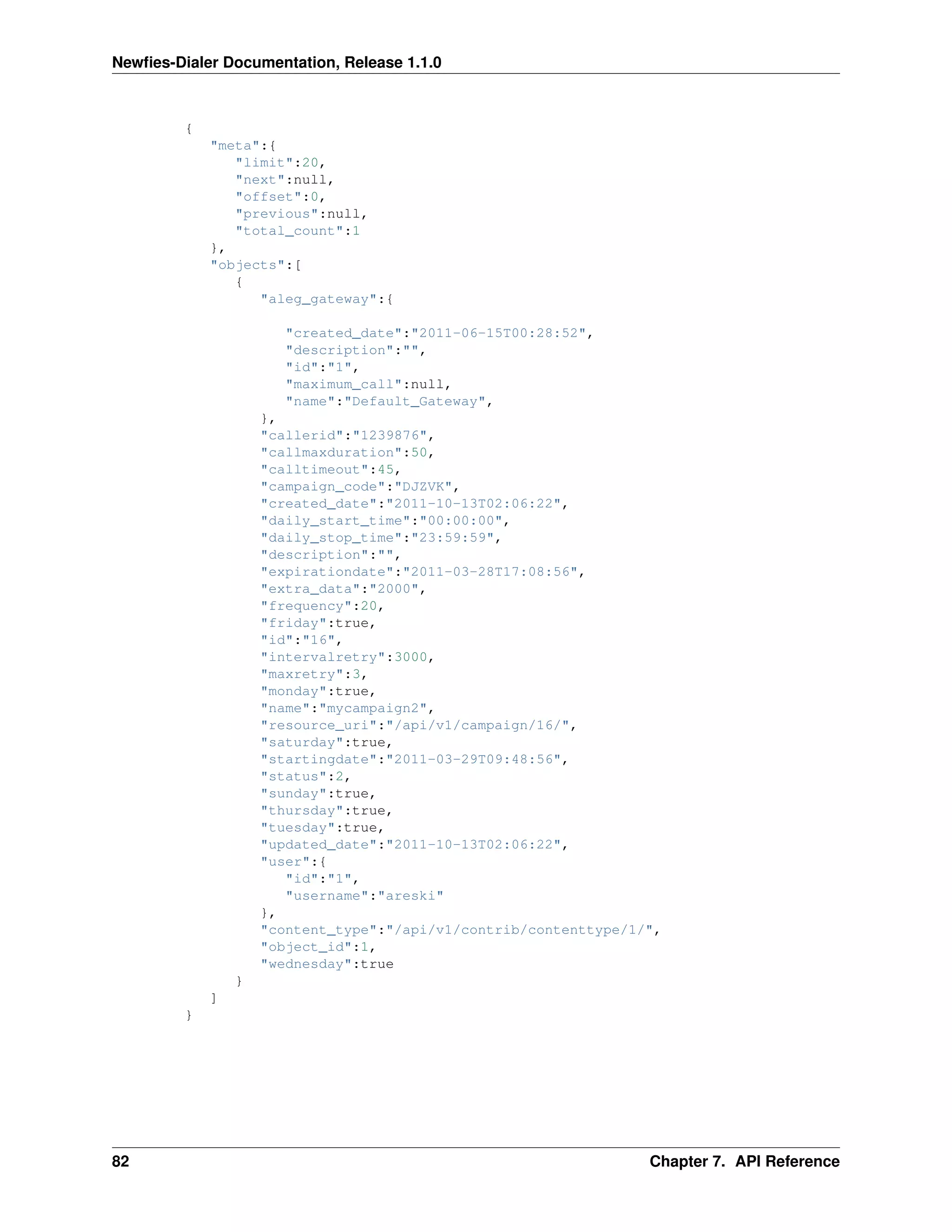 Newﬁes-Dialer Documentation, Release 1.1.0



         {
             "meta":{
                "limit":20,
                "next":null,
                "offset":0,
                "previous":null,
                "total_count":1
             },
             "objects":[
                {
                   "aleg_gateway":{

                       "created_date":"2011-06-15T00:28:52",
                       "description":"",
                       "id":"1",
                       "maximum_call":null,
                       "name":"Default_Gateway",
                     },
                     "callerid":"1239876",
                     "callmaxduration":50,
                     "calltimeout":45,
                     "campaign_code":"DJZVK",
                     "created_date":"2011-10-13T02:06:22",
                     "daily_start_time":"00:00:00",
                     "daily_stop_time":"23:59:59",
                     "description":"",
                     "expirationdate":"2011-03-28T17:08:56",
                     "extra_data":"2000",
                     "frequency":20,
                     "friday":true,
                     "id":"16",
                     "intervalretry":3000,
                     "maxretry":3,
                     "monday":true,
                     "name":"mycampaign2",
                     "resource_uri":"/api/v1/campaign/16/",
                     "saturday":true,
                     "startingdate":"2011-03-29T09:48:56",
                     "status":2,
                     "sunday":true,
                     "thursday":true,
                     "tuesday":true,
                     "updated_date":"2011-10-13T02:06:22",
                     "user":{
                        "id":"1",
                        "username":"areski"
                     },
                     "content_type":"/api/v1/contrib/contenttype/1/",
                     "object_id":1,
                     "wednesday":true
                 }
             ]
         }




82                                                                 Chapter 7. API Reference
 