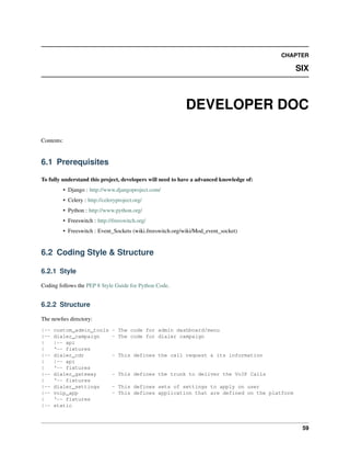 CHAPTER

                                                                                                SIX



                                                              DEVELOPER DOC

Contents:


6.1 Prerequisites

To fully understand this project, developers will need to have a advanced knowledge of:
            • Django : http://www.djangoproject.com/
            • Celery : http://celeryproject.org/
            • Python : http://www.python.org/
            • Freeswitch : http://freeswitch.org/
            • Freeswitch : Event_Sockets (wiki.freeswitch.org/wiki/Mod_event_socket)


6.2 Coding Style & Structure

6.2.1 Style

Coding follows the PEP 8 Style Guide for Python Code.


6.2.2 Structure

The newﬁes directory:
|--   custom_admin_tools          - The code for admin dashboard/menu
|--   dialer_campaign             - The code for dialer campaign
|     |-- api
|     ‘-- fixtures
|--   dialer_cdr                  - This defines the call request & its information
|     |-- api
|     ‘-- fixtures
|--   dialer_gateway              - This defines the trunk to deliver the VoIP Calls
|     ‘-- fixtures
|--   dialer_settings             - This defines sets of settings to apply on user
|--   voip_app                    - This defines application that are defined on the platform
|     ‘-- fixtures
|--   static



                                                                                                 59
 