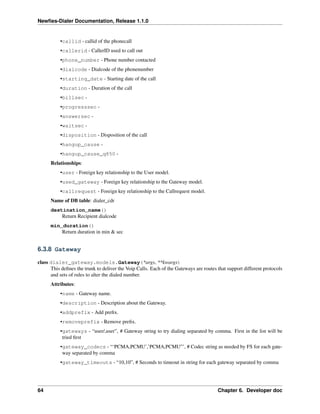 Newﬁes-Dialer Documentation, Release 1.1.0


           •callid - callid of the phonecall
           •callerid - CallerID used to call out
           •phone_number - Phone number contacted
           •dialcode - Dialcode of the phonenumber
           •starting_date - Starting date of the call
           •duration - Duration of the call
           •billsec -
           •progresssec -
           •answersec -
           •waitsec -
           •disposition - Disposition of the call
           •hangup_cause -
           •hangup_cause_q850 -
      Relationships:
           •user - Foreign key relationship to the User model.
           •used_gateway - Foreign key relationship to the Gateway model.
           •callrequest - Foreign key relationship to the Callrequest model.
      Name of DB table: dialer_cdr
      destination_name()
          Return Recipient dialcode
      min_duration()
          Return duration in min & sec


6.3.8 Gateway

class dialer_gateway.models.Gateway(*args, **kwargs)
      This deﬁnes the trunk to deliver the Voip Calls. Each of the Gateways are routes that support different protocols
      and sets of rules to alter the dialed number.
      Attributes:
           •name - Gateway name.
           •description - Description about the Gateway.
           •addprefix - Add preﬁx.
           •removeprefix - Remove preﬁx.
           •gateways - “user/,user”, # Gateway string to try dialing separated by comma. First in the list will be
            tried ﬁrst
           •gateway_codecs - “‘PCMA,PCMU’,’PCMA,PCMU”’, # Codec string as needed by FS for each gate-
            way separated by comma
           •gateway_timeouts - “10,10”, # Seconds to timeout in string for each gateway separated by comma




64                                                                                     Chapter 6. Developer doc
 