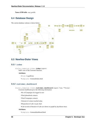 Newﬁes-Dialer Documentation, Release 1.1.0


     Name of DB table: user_proﬁle


6.4 Database Design

The current database schema is shown below:




6.5 Newﬁes-Dialer Views

6.5.1 index

     dialer_campaign.views.index(request)
         Index view of the Customer Interface
           Attributes:
              •form - LoginForm
              •template - frontend/index.html


6.5.2 customer_dashboard

     dialer_campaign.views.customer_dashboard(request, *args, **kwargs)
         Customer dashboard gives the following information
              •No of Campaigns for logged in user
              •Total phonebook contacts
              •Total Campaigns contacts
              •Amount of contact reached today
              •Disposition of calls via pie chart
              •Call records & Duration of calls are shown on graph by days/hours basis.
           Attributes:
              •template - frontend/dashboard.html


66                                                                                 Chapter 6. Developer doc
 