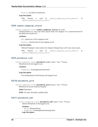 Newﬁes-Dialer Documentation, Release 1.1.0


              •status - get label for notiﬁcations
          Logic Description:
              •This  function is used  by   update_campaign_status_admin()                                   &
               update_campaign_status_cust()


6.5.8 common_campaign_status

     dialer_campaign.views.common_campaign_status(pk, status)
         Campaign Status (e.g. start | stop | abort | pause) needs to be changed. It is a common function for
         the admin and customer UI’s
          Attributes:
              •pk - primary key of the campaign record
              •status - selected status for the campaign record
          Logic Description:
              •Selected Campaign’s status needs to be changed. Changed status can be start, stop or pause.
              •This  function is used  by   update_campaign_status_admin()                                   &
               update_campaign_status_cust()


6.5.9 phonebook_list

     dialer_campaign.views.phonebook_list(request, *args, **kwargs)
         Phonebook list for the logged in user
          Attributes:
              •template - frontend/phonebook/list.html
          Logic Description:
              •List all phonebooks which belong to the logged in user.


6.5.10 phonebook_grid

     dialer_campaign.views.phonebook_grid(request, *args, **kwargs)
         Phonebook list in json format for ﬂexigrid.
          Model: Phonebook
          Fields: [id, name, description, updated_date]


6.5.11 phonebook_add

          dialer_campaign.views.phonebook_add(request, *args, **kwargs)
             Add new Phonebook for the logged in user
               Attributes:
                  •form - PhonebookForm
                  •template - frontend/phonebook/change.html
               Logic Description:



68                                                                                  Chapter 6. Developer doc
 