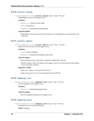 Newﬁes-Dialer Documentation, Release 1.1.0


6.5.16 contact_change

     dialer_campaign.views.contact_change(request, *args, **kwargs)
         Update/Delete contact for the logged in user
         Attributes:
            •object_id - Selected contact object
            •form - ContactForm
            •template - frontend/contact/change.html
         Logic Description:
            •Update/delete selected contact from the contact list via ContactForm & get redirected to the
             contact list


6.5.17 contact_import

     dialer_campaign.views.contact_import(request, *args, **kwargs)
         Import CSV ﬁle of Contacts for the logged in user
         Attributes:
            •form - Contact_ﬁleImport
            •template - frontend/contact/import_contact.html
         Logic Description:
            •Before adding contacts, check dialer setting limit if applicable to the user.
            •Add new contacts which will belong to the logged in user via csv ﬁle & get the result (upload
             success and failure statistics)
         Important variable:
            •total_rows - Total no. of records in the CSV ﬁle
            •retail_record_count - No. of records imported from the CSV ﬁle


6.5.18 campaign_list

     dialer_campaign.views.campaign_list(request, *args, **kwargs)
         List all campaigns for the logged in user
         Attributes:
            •template - frontend/campaign/list.html
         Logic Description:
            •List all campaigns belonging to the logged in user


6.5.19 campaign_grid

     dialer_campaign.views.campaign_grid(request, *args, **kwargs)
         Campaign list in json format for ﬂexigrid
         Model: Campaign


70                                                                                    Chapter 6. Developer doc
 
