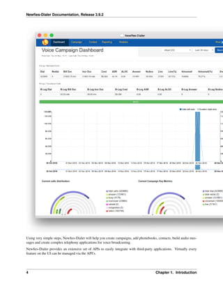Newﬁes-Dialer Documentation, Release 3.9.2
Using very simple steps, Newﬁes-Dialer will help you create campaigns, add phonebooks, contacts, build audio mes-
sages and create complex telephony applications for voice broadcasting.
Newﬁes-Dialer provides an extensive set of APIs to easily integrate with third-party applications. Virtually every
feature on the UI can be managed via the API’s.
4 Chapter 1. Introduction
 