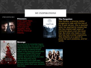 MY INSPIRATIONS
Prisoners
Keller Dover faces
a parent’s worst
nightmare when
his 6-year-old
daughter, Anna,
and her friend go
missing.
The Forgotten
Telly Paretta, a grieving mother
struggling to cope with the loss of
her 8-year-old son. She is stunned
when her psychiatrist reveals that
she has created eight years of
memories about a son she never
had. But when she meets a man
who has had a similar experience,
Telly embarks on a search to
prove her son’s existence, and her
sanity.
Revenge
As a summer to remember begins
in the Hamptons, new arrival Emily
Thorne dazzles the members of
high society by making herself
known in the exclusive social circle
of Grayson Global CEO Conrad
Grayson and his socialite wife
Victoria. But it soon becomes clear
that the beguiling young
philanthropist has a dark past.
Because when everything you love
has been stolen from you, someone
has to pay.
 