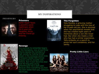 MY INSPIRATIONS
Prisoners
Keller Dover faces
a parent’s worst
nightmare when
his 6-year-old
daughter, Anna,
and her friend go
missing.
The Forgotten
Telly Paretta, a grieving mother
struggling to cope with the loss of
her 8-year-old son. She is stunned
when her psychiatrist reveals that
she has created eight years of
memories about a son she never
had. But when she meets a man
who has had a similar experience,
Telly embarks on a search to
prove her son’s existence, and her
sanity.
Revenge
As a summer to remember begins
in the Hamptons, new arrival Emily
Thorne dazzles the members of
high society by making herself
known in the exclusive social circle
of Grayson Global CEO Conrad
Grayson and his socialite wife
Victoria. But it soon becomes clear
that the beguiling young
philanthropist has a dark past.
Because when everything you love
has been stolen from you, someone
has to pay.
Pretty Little Liars
the series follows the lives of four
girls, whose clique falls apart after
the disappearance of their leader,
Alison. One year later, the
estranged friends are reunited as
they begin receiving messages
from a mysterious figure named
“A”, who threatens to expose their
deepest secrets, including ones
they thought only Alison knew.
 