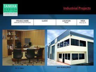 Main Building Block
M. D. Cabin
PROJECT NAME
HANUNGTOYS & TEXTILES
CLIENT LOCATION
Noida
AREA
8000 Sq. Ft.
 