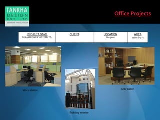 Work station
M D Cabin
Building exterior
PROJECT NAME
SUKAM POWER SYSTEM LTD.
CLIENT LOCATION
Gurgaon
AREA
21000 Sq. Ft.
 