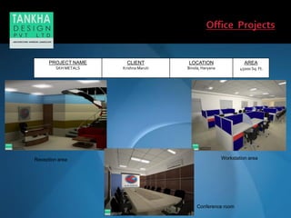 PROJECT NAME
SKH METALS
CLIENT
Krishna Maruti
LOCATION
Binola, Haryana
AREA
45000 Sq. Ft.
Reception area Workstation area
Conference room
 