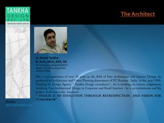 Ar AnantTankha
B. Arch, MCA, AIIA, IIA
Sir Viswararrya Award HUDCO
Upper’s sky office Award Italy
LIVING STEEL
Website:
www.tankhadesign.com
 