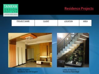 Lobby at Kapoor’s
Residence Neeti Bagh
Lobby at Gulati’s
Residence Sec-45 Gurgaon
PROJECT NAME CLIENT LOCATION AREA
 