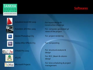 Autodesk AutoCAD 2009
Autodesk 3DS Max 2009
Adobe Photoshop CS3
Microsoft Projects
STAAD Pro 2005
For layout design &
construction drawings
For computer generated 3d
views of the project
For project rendering
For structural analysis &
design
For time scheduling & project
management
Adobe After Effects CS3 For compositing
ATLAS
For RCC ,Beam & column
design
 