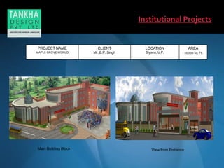 Main Building Block
PROJECT NAME
MAPLE GROVE WORLD
CLIENT
Mr. B.P. Singh
LOCATION
Siyana, U.P.
AREA
20,000 Sq. Ft.
View from Entrance
 