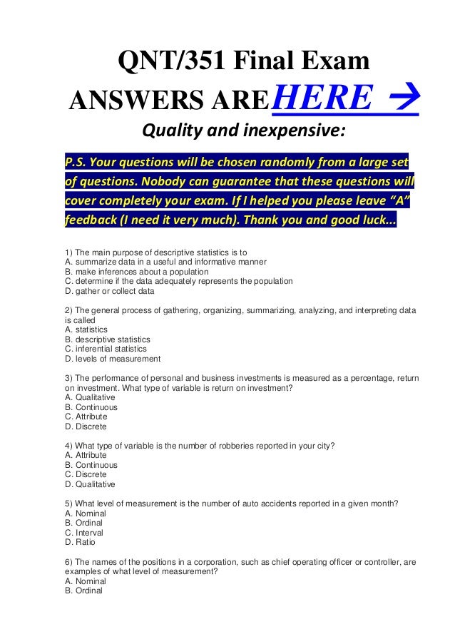 qnt 351 final answers Qnt 351 final exam using the relative frequency approach, what is the probability that a particular death is due to an automobile accident 16. qnt 351 final answers Qnt 351 final exam using the relative frequency approach, what is the probability that a particular death is due to an automobile accident 16.
