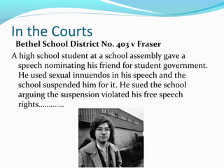 In the Courts
Bethel School District No. 403 v Fraser
A high school student at a school assembly gave a
speech nominating his friend for student government.
He used sexual innuendos in his speech and the
school suspended him for it. He sued the school
arguing the suspension violated his free speech
rights………….
 