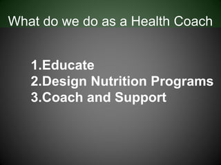 What do we do as a Health Coach


   1.Educate
   2.Design Nutrition Programs
   3.Coach and Support
 