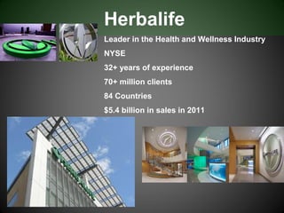 Herbalife
Leader in the Health and Wellness Industry
NYSE
32+ years of experience
70+ million clients
84 Countries
$5.4 billion in sales in 2011
 