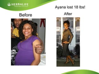 Ayana lost 18 lbs!

Before        After
 