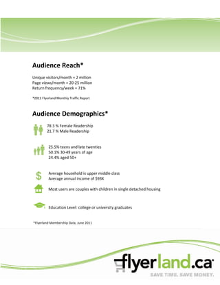 Audience Reach*
Unique visitors/month = 2 million
Page views/month = 20-25 million
Return frequency/week = 71%

*2011 Flyerland Monthly Traffic Report



Audience Demographics*
         78.3 % Female Readership
         21.7 % Male Readership


          25.5% teens and late twenties
          50.1% 30-49 years of age
          24.4% aged 50+


          Average household is upper middle class
          Average annual income of $93K

          Most users are couples with children in single detached housing



          Education Level: college or university graduates


*Flyerland Membership Data, June 2011
 