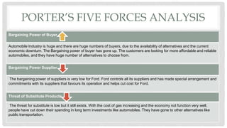 PORTER’S FIVE FORCES ANALYSIS
Bargaining Power of Buyer
Automobile Industry is huge and there are huge numbers of buyers, due to the availability of alternatives and the current
economic downturn. The Bargaining power of buyer has gone up. The customers are looking for more affordable and reliable
automobiles, and they have huge number of alternatives to choose from.
Bargaining Power Supplier
The bargaining power of suppliers is very low for Ford. Ford controls all its suppliers and has made special arrangement and
commitments with its suppliers that favours its operation and helps cut cost for Ford.
Threat of Substitute Products
The threat for substitute is low but it still exists. With the cost of gas increasing and the economy not function very well,
people have cut down their spending in long term investments like automobiles. They have gone to other alternatives like
public transportation.
 