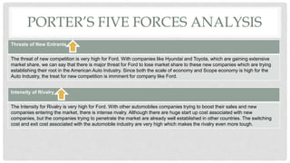 PORTER’S FIVE FORCES ANALYSIS
Threats of New Entrants
The threat of new competition is very high for Ford. With companies like Hyundai and Toyota, which are gaining extensive
market share, we can say that there is major threat for Ford to lose market share to these new companies which are trying
establishing their root in the American Auto Industry. Since both the scale of economy and Scope economy is high for the
Auto Industry, the treat for new competition is imminent for company like Ford.
Intensity of Rivalry
The Intensity for Rivalry is very high for Ford. With other automobiles companies trying to boost their sales and new
companies entering the market, there is intense rivalry. Although there are huge start up cost associated with new
companies, but the companies trying to penetrate the market are already well established in other countries. The switching
cost and exit cost associated with the automobile industry are very high which makes the rivalry even more tough.
 