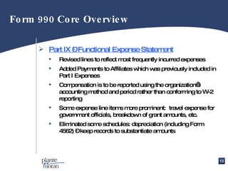 Part IX – Functional Expense Statement Revised lines to reflect most frequently incurred expenses  Added Payments to Affiliates which was previously included in Part I Expenses Compensation is to be reported using the organization’s accounting method and period rather than conforming to W-2 reporting Some expense line items more prominent:  travel expense for government officials, breakdown of grant amounts, etc. Eliminated some schedules: depreciation (including Form 4562) – keep records to substantiate amounts Form 990 Core Overview  