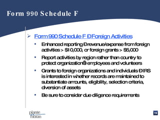 Form 990 Schedule F – Foreign Activities Enhanced reporting – revenue/expense from foreign activities > $10,000, or foreign grants > $5,000 Report activities by region rather than country to protect organization’s employees and volunteers Grants to foreign organizations and individuals – IRS is interested in whether records are maintained to substantiate amounts, eligibility, selection criteria, diversion of assets Be sure to consider due diligence requirements Form 990 Schedule F 