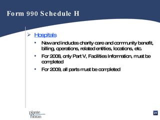 Hospitals New and includes charity care and community benefit, billing, operations, related entities, locations, etc. For 2008, only Part V, Facilities Information, must be completed For 2009, all parts must be completed Form 990 Schedule H 