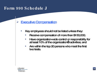 Executive Compensation Key employees should not be listed unless they: Receive compensation of more than $150,000; Have organization-wide control or responsibility for at least 10% of the organization’s activities; and Are within the top 20 persons who meet the first two tests. Form 990 Schedule J 