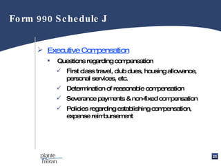Executive Compensation Questions regarding compensation First class travel, club dues, housing allowance, personal services, etc. Determination of reasonable compensation Severance payments & non-fixed compensation Policies regarding establishing compensation, expense reimbursement Form 990 Schedule J 